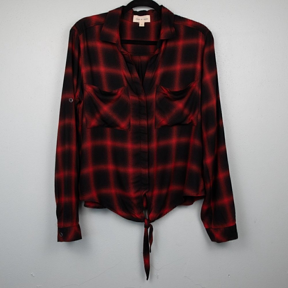Cloth & Stone red plaid tie front top-S